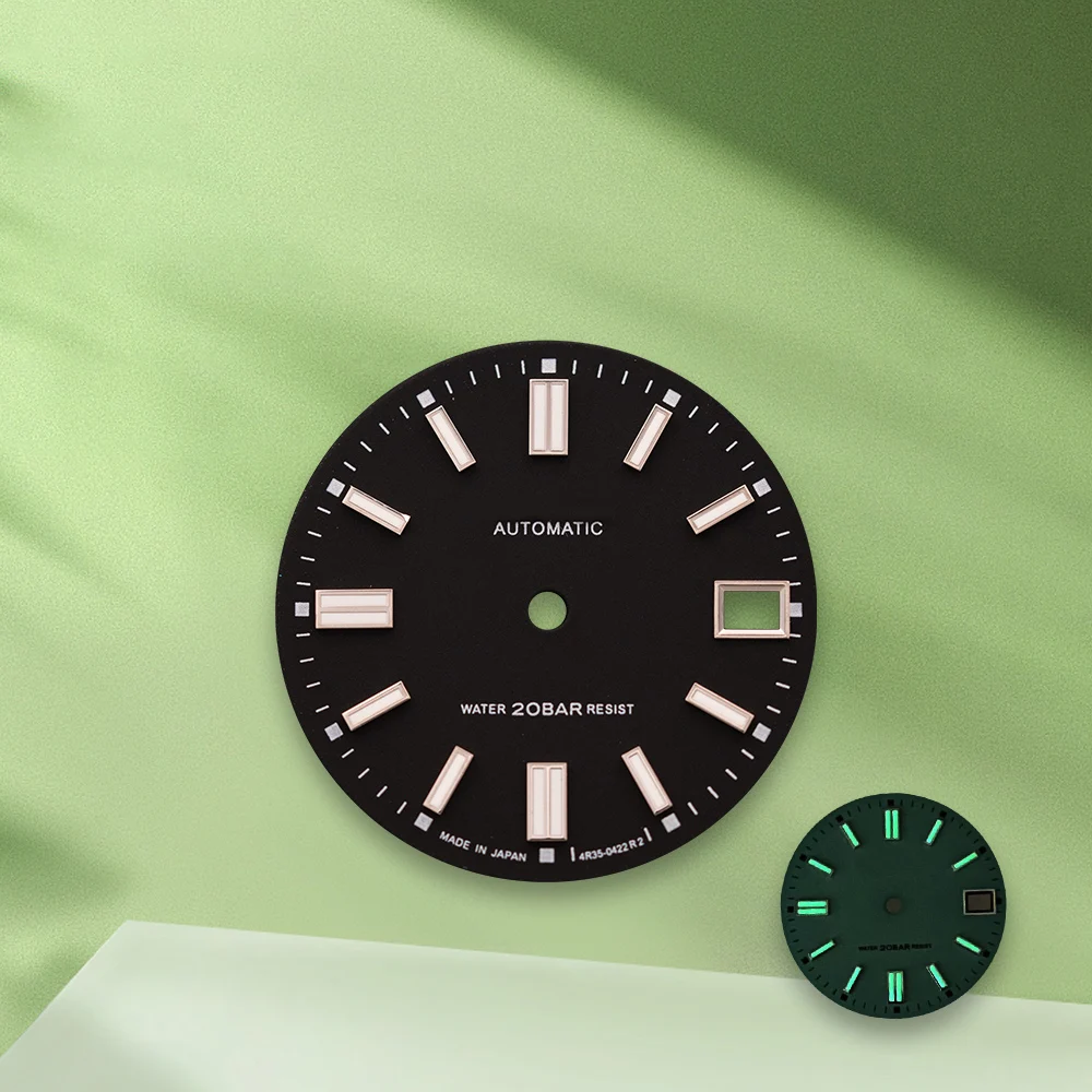 28,5 mm S-Logo, mattes Zifferblatt, keine Zeiger, passend für NH35/NH36/4R/7S, japanisches Uhrwerk, grün leuchtendes, seeblaues Uhrenmodifikationszubehör