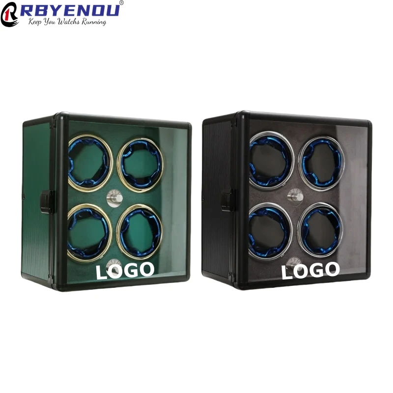 

Free Personalized Custom Logo 4 Slots Black Green Aluminum Alloy Material Watch Winders Watches LED Case Organizer Storage Box