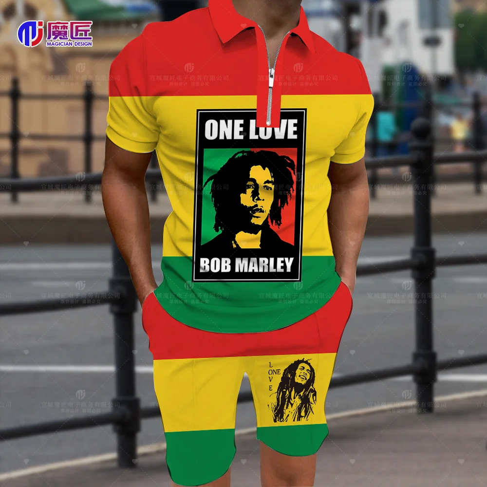 Bob Marley Short-Sleeved POLO Shirt Lapel Suit Sports Meeting Fashion Men\'s Shirt + Shorts Casual 2-Piece Fitness Running Suit