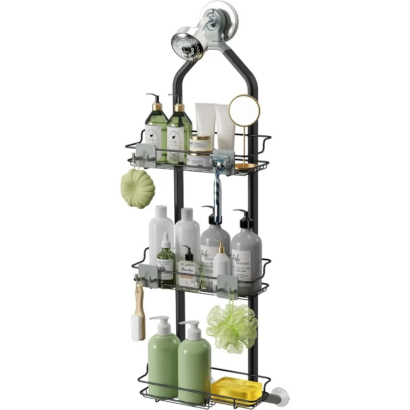 

3 Tier Hanging Shower Caddy Over Shower Head, Rustproof Shower Organizer with Hooks, Anodized Aluminum Rod