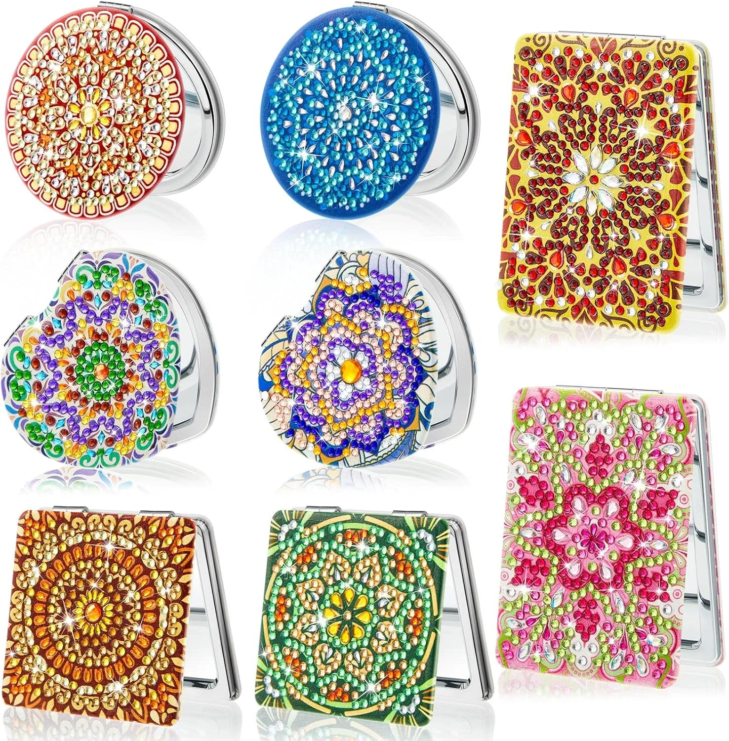 1 موضوع ماندالا للرسم الماسي DIY، مرآة صغيرة قابلة للطي مناسبة للسيدات للحمل بشكل مريح عند الخروج