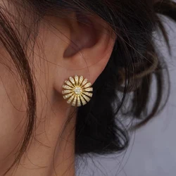 Huitan Graceful Gold Color Flower Earrings Lady Shiny Zirconia Jewelry for Engagement Aesthetic Ear Stud Accessories for Wedding