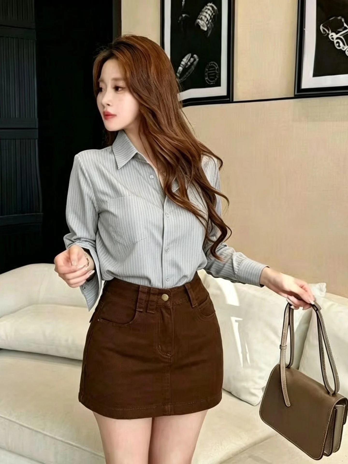 High Waist Slim Fit Denim  Skirt Women's Fashionable Coffee Color American Style Autumn New Style Half Body Skirt