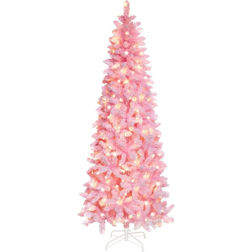 

Pencil Christmas Tree 6ft, Pre-Lit Artificial Christmas Tree with Metal Stand, Warm White Lights Holiday Decoration for Home