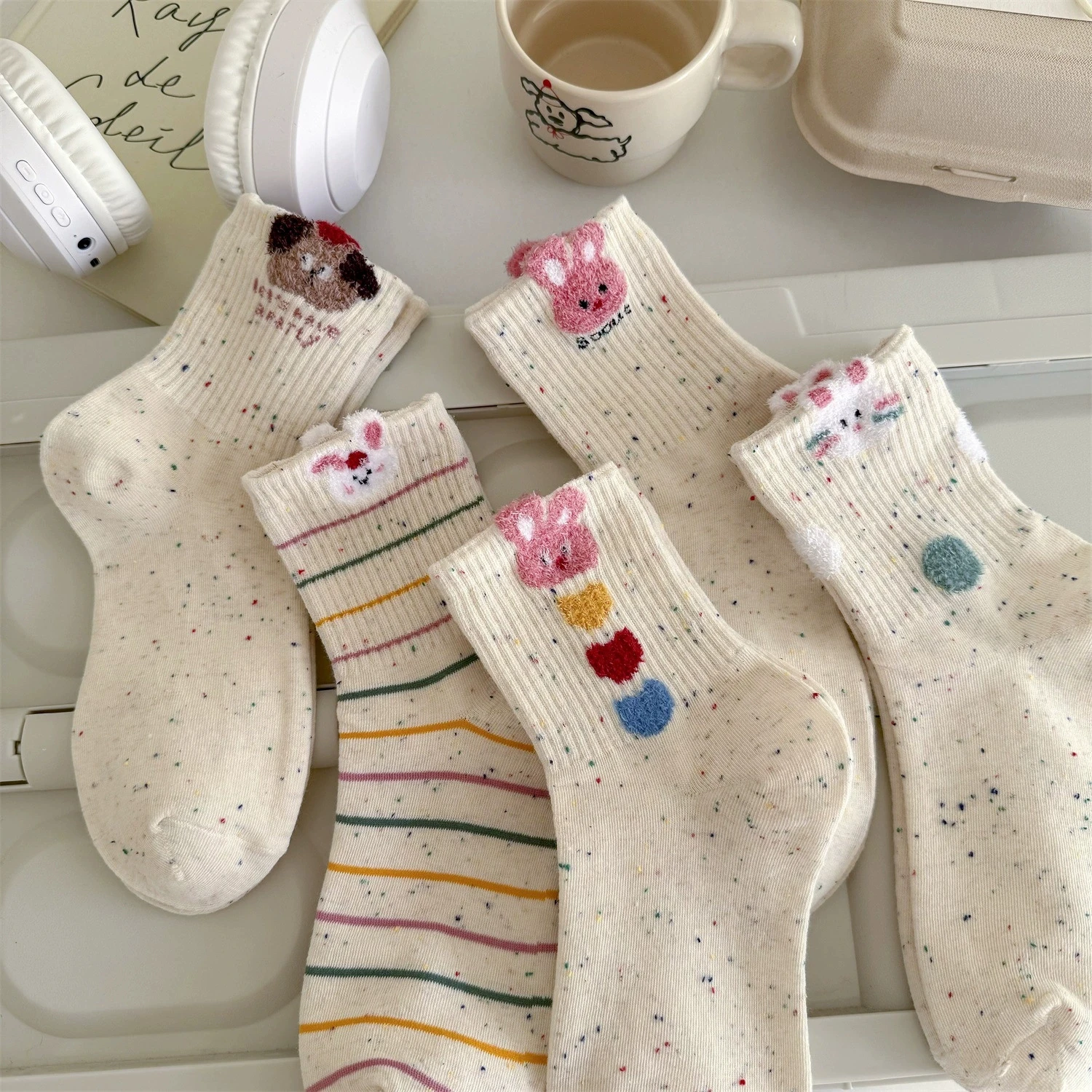 

2 Pair Cute Bunny Anime Heart Rabbit Women's Japanese Cartoon Mid-Calf Cotton Socks for Autumn and Winter 2025