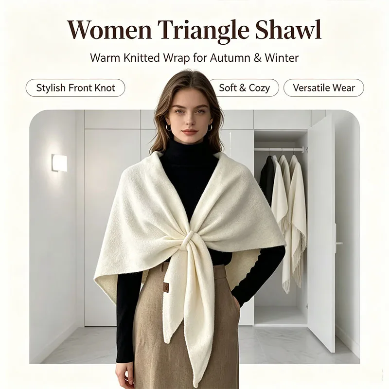 Women Wool‑Blend Solid Color Triangle Shawl Style Neck Wrap Multifunctional Warm Scarf for Autumn Winter Fashion Outdoor Casual