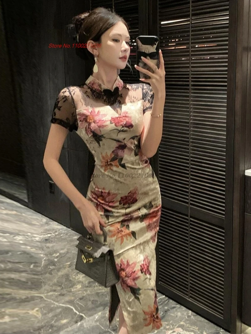 

Китайское винтажное платье 2025 года, кружевное лоскутное бархатное платье Ципао с традиционным цветочным принтом, платье Ципао, сексуальное вечернее платье для ночного клуба, банкета