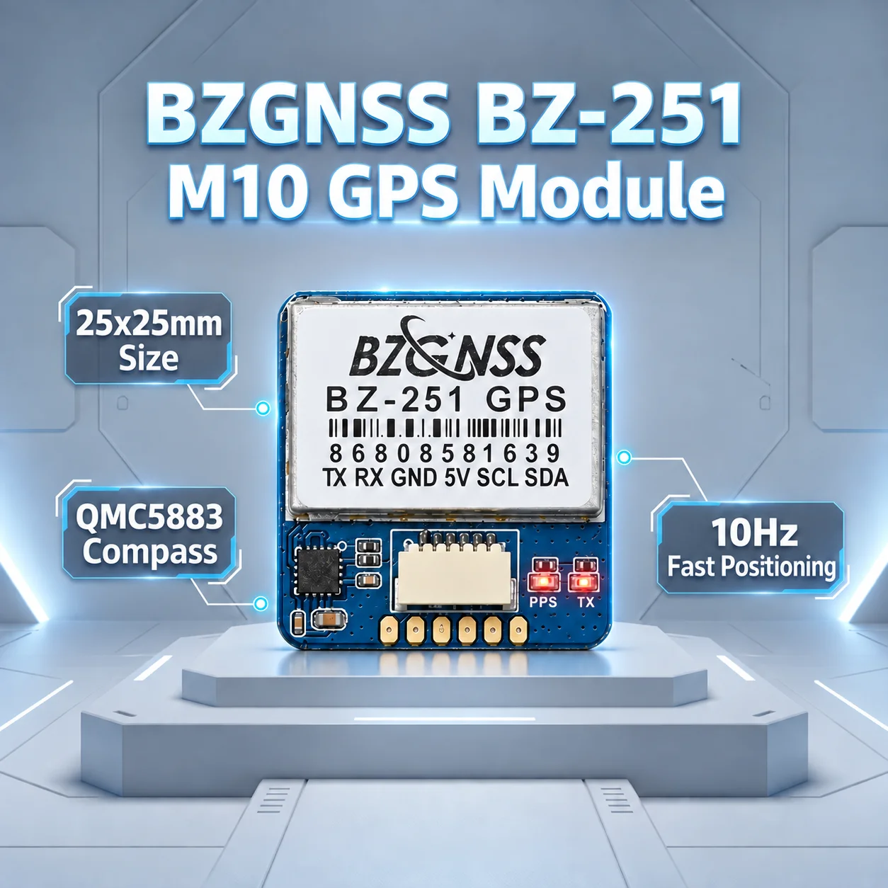 Module GPS BZGNSS BZ251 M10 avec boussole QMC5883 10Hz 5V 25x25mm pour drone FPV, aile fixe, F722, INAV, UART, I2C, 6Pin, NMEA, UBX, SH1.0
