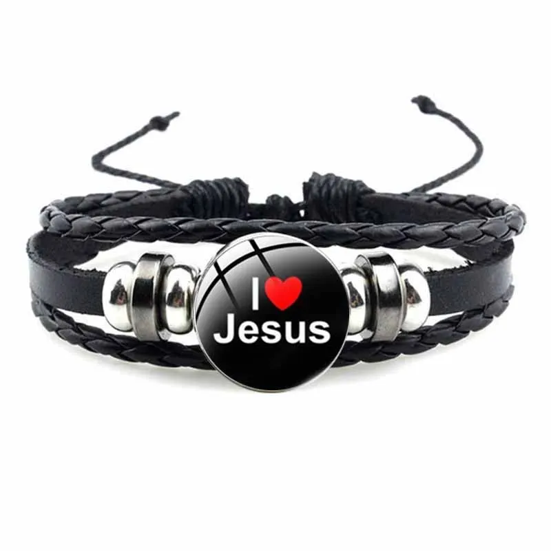 Jesus Fish Christian Symbol Bracelet Handmade Glass Gem Punk Black Woven Leather Bracelet Men'S And Women'S Cuff Jewelry