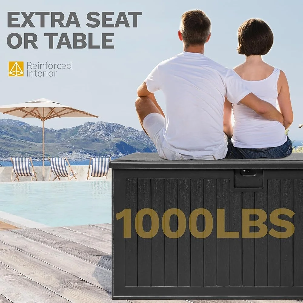 230 Gallon Outdoor Storage Box Double Wall Waterproof Deck Box Divider Table Bench Seating 1000 lbs Weight Capacity