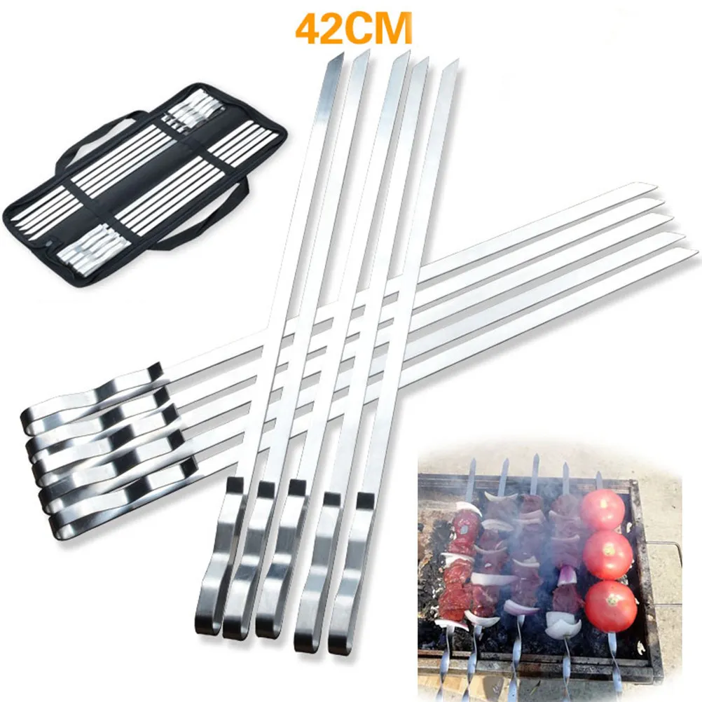 10Pcs 42Cm Stainless Steel Flat Bbq Skewers Grilling Skewers Set for Shish Kabob Sausages Veggies Fire Pit Leisure Cooking No