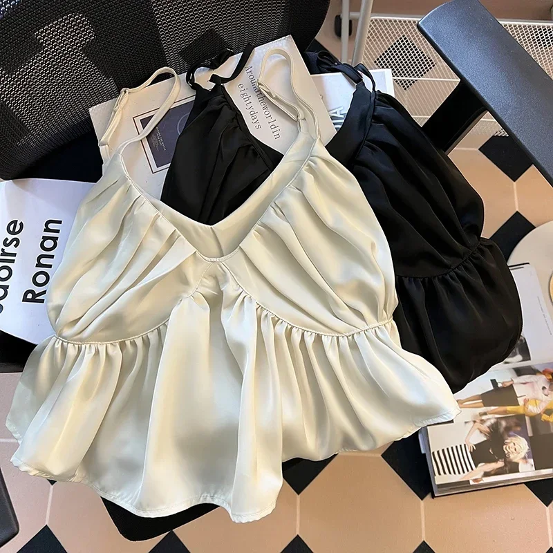Odzież damska ze słodkim tankiem bez rękawów, na ramiączkach letnia kamizelka luźne falbany moda Camis koreańskie słodkie topy Y2k 2023 Ropa Mujer