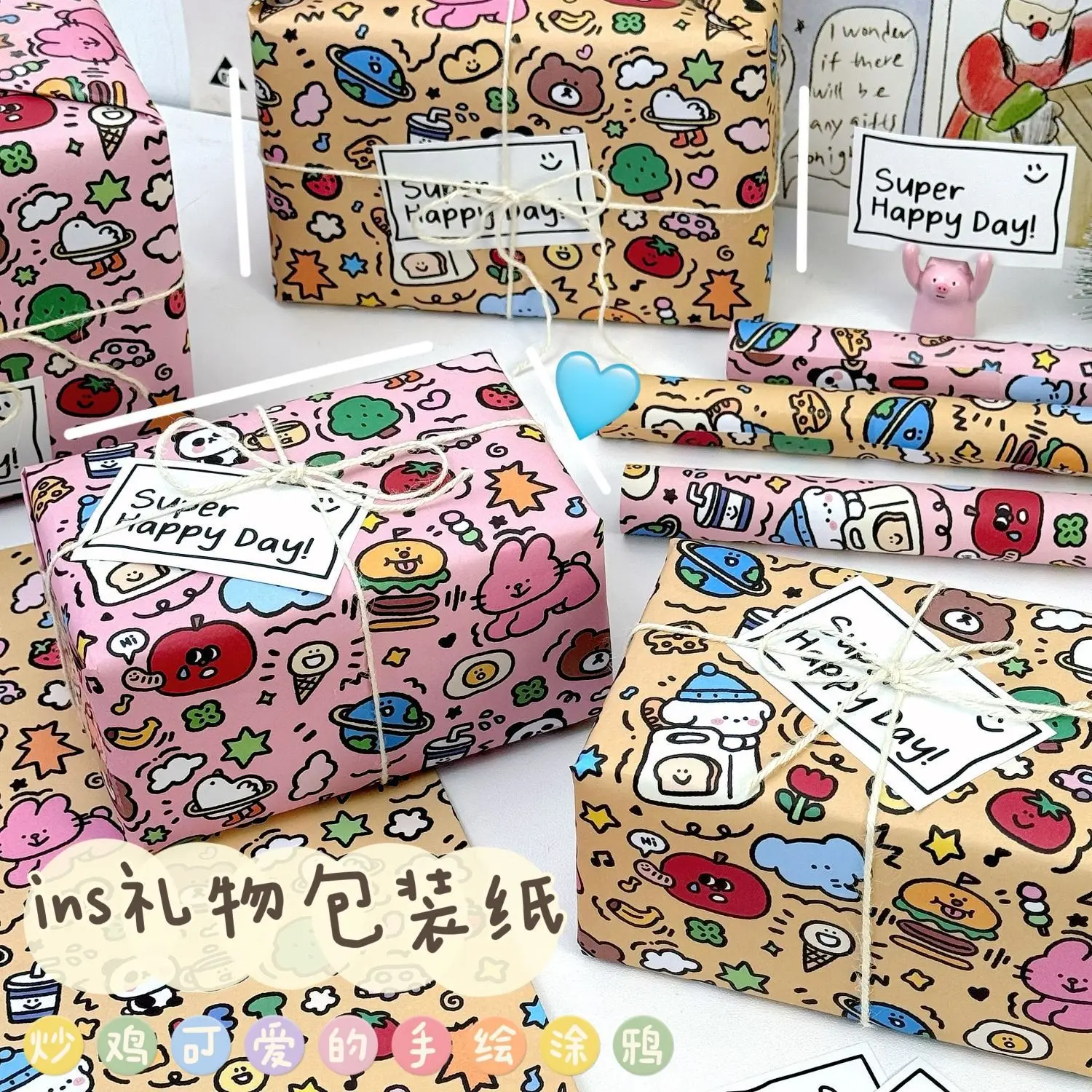 12pcs Christmas Wrapping Paper Cute Cartoon Doodle Gift Wrap Sheets Large Size Birthday Party DIY Craft Paper Supplies