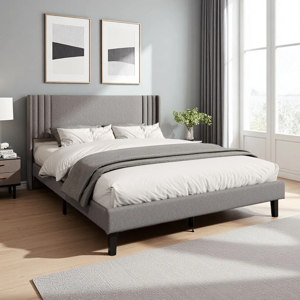 Cama juvenil Comanlai, cama con plataforma tapizada en lino con marco de listones de madera y cabecero, cama individual/doble, muebles de dormitorio