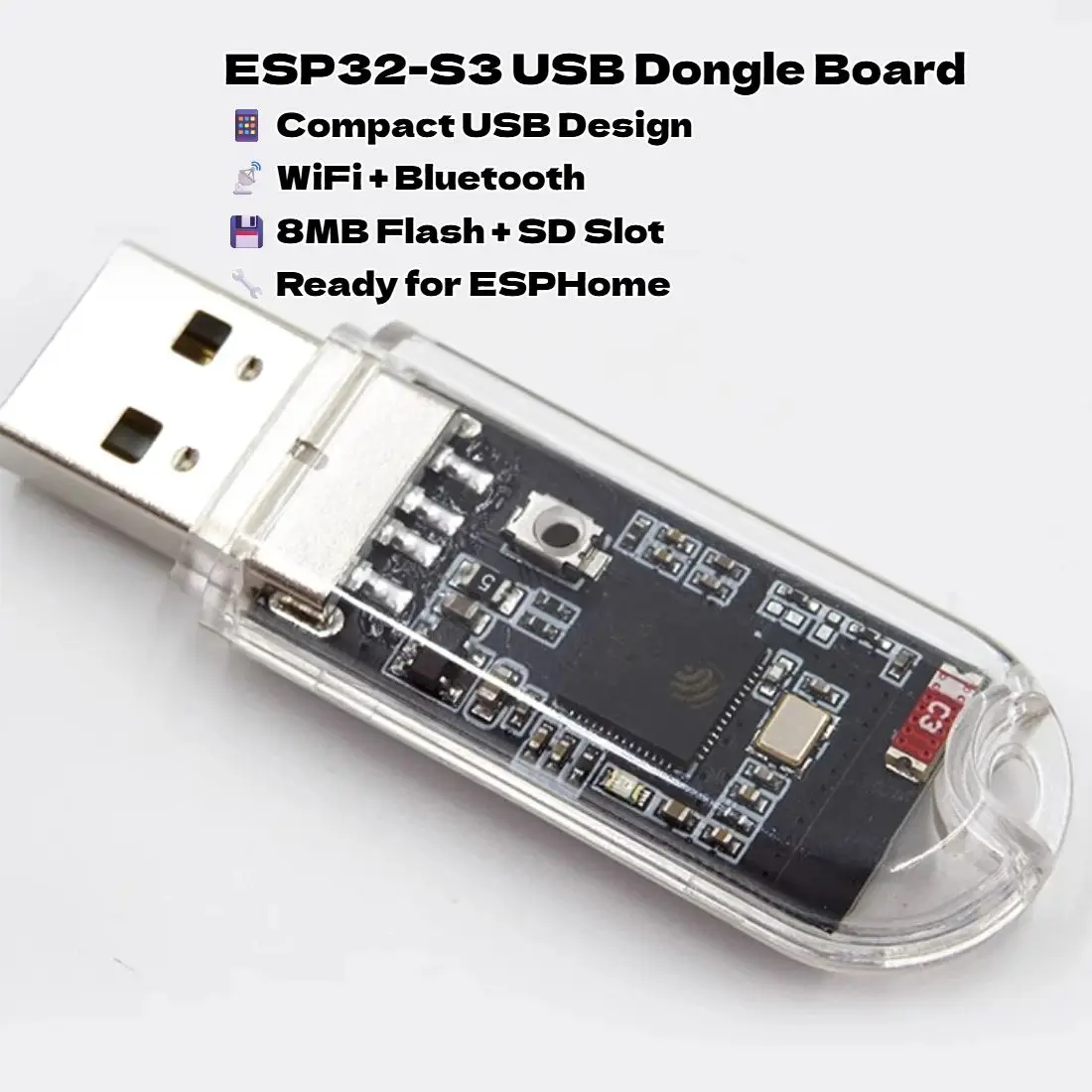ESP32-S3 USB Dongle Development Board with 8MB Flash, SD Card Slot, Bluetooth/WiFi, Compact Design for IoT Gateway Projects