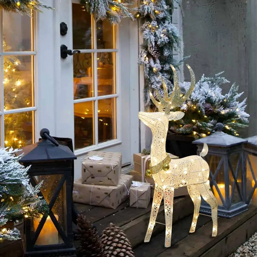 48” 70 LT Pre-Lit Christmas Glittering Reindeer with Gold Jingle Bell and Twinkle Light Outdoor Holiday Mesh Standing B