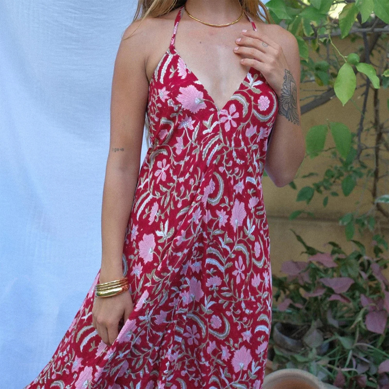 Combhasakiผู้หญิงLace-Up HalterลึกVคอBacklessความงามดอกไม้พิมพ์ฤดูร้อนหลวมA-Line Cami Slipชุดยาว