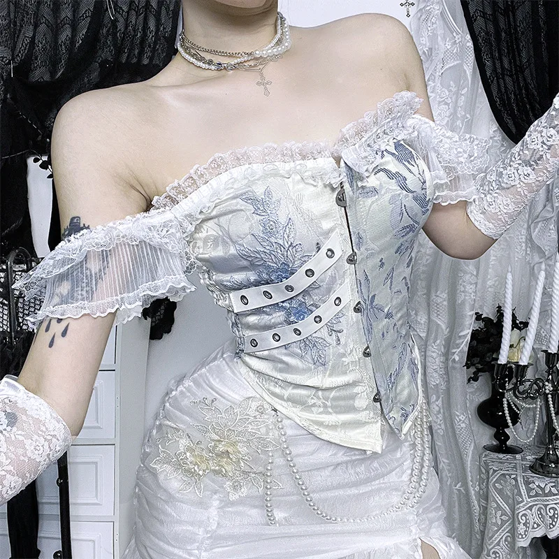 

Субкультура контрастная туника на одно плечо, осенний новый готический сексуальный жилет для девочек, готический кружевной лоскутный топ с цветочным принтом, 2000-е Y2k