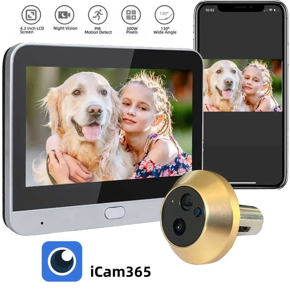 iCam365 3MP 2.4G Wifi Wireless Peephole video Door Camera Security Home Door Eye Camera with Screen Max recording 60s Video