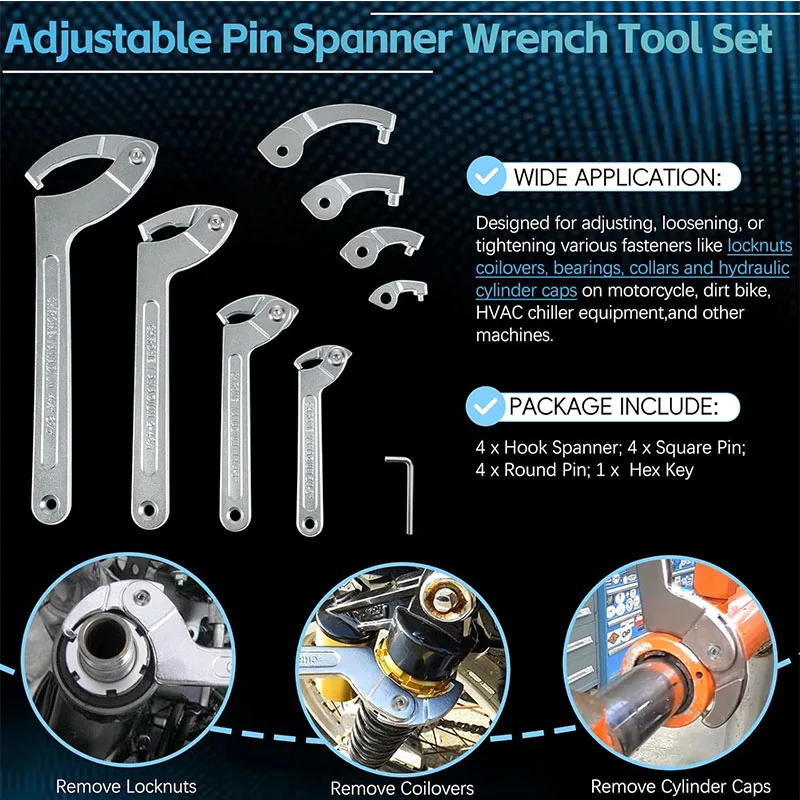 8 Pack Adjustable C Spanner Hook & Pin Spanner Wrench Tool Kit, Coilover Hook Wrenches with Changeable Heads, 3/4