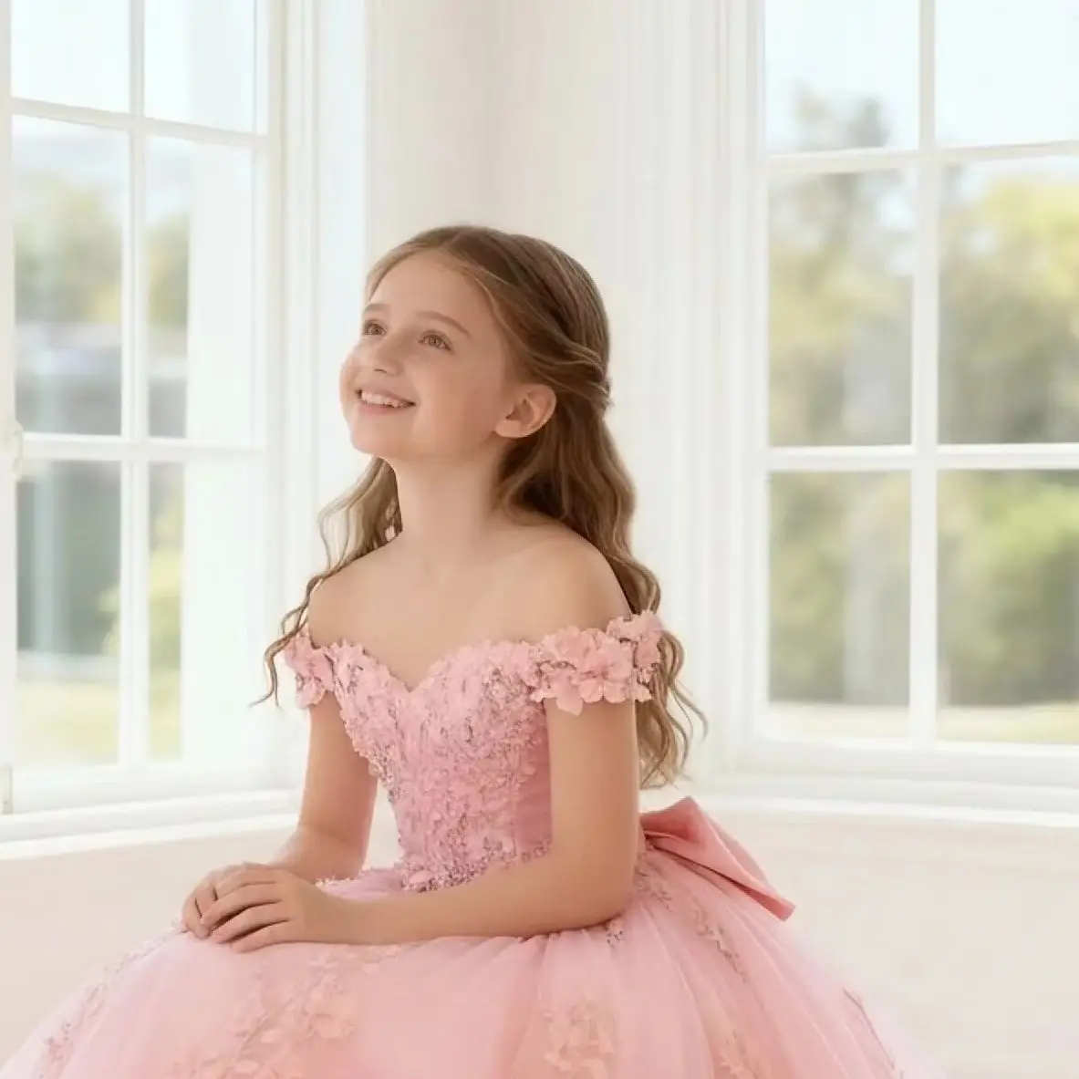 Princess Pink Customized Flower Girl Dress for Wedding Off Shoulder Lace Appliqued with Bow Kids First Communion Ball Gown