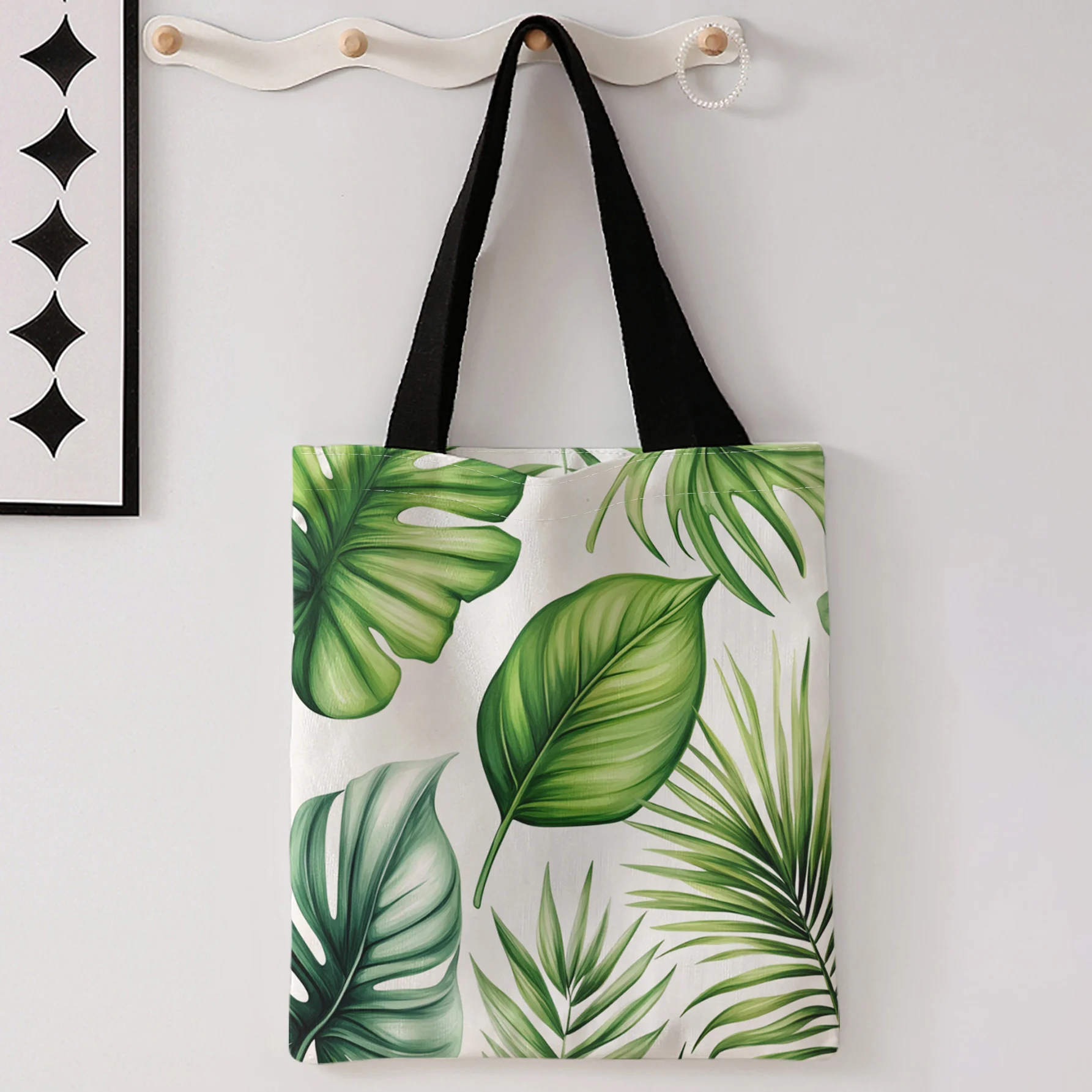 Tropical Leaf Print Tote Bag With Black Handles Large Shoulder Handbag For Shopping Daily Use