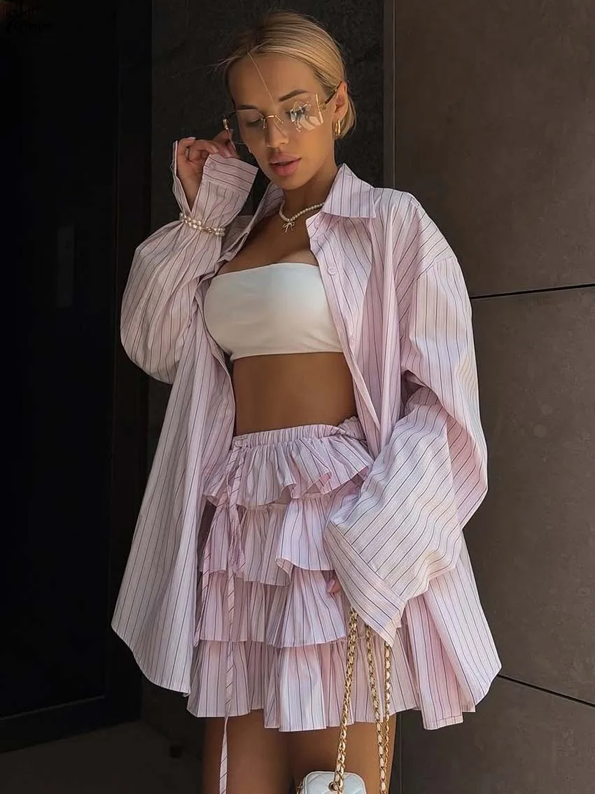 

Oymimi Fashion Pink Print Two Piece Outfits Woman Elegant Long Sleeve Button Shirts And High Waist Cascading Ruffled Skirts Sets