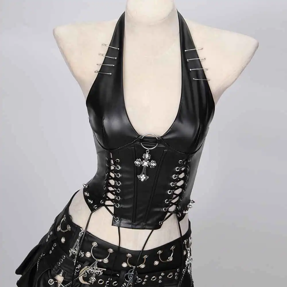 Goth Tops Boho Festival Grunge Emo Clothing Y2K T-shirt PU leather Black Gothic Tank Cross Punk Rock Clothes Harajuku Rave