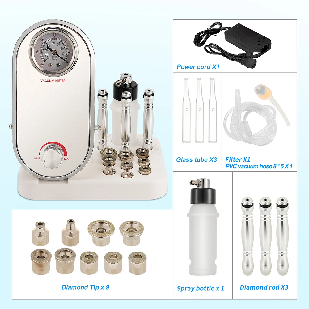 3 in 1 Diamond Peeling Micro Dermabrasie Machine met 9 koppen SPA Huidverzorgingsproducten voor gezichtspeeling en krimpende poriën