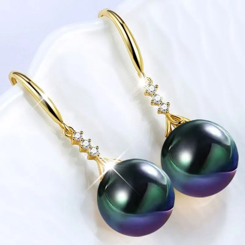 

Pair of Natural 13mm White Green Gold Purple Perfect Round Pearl Earrings, Wedding Gift, Free Shipping, Jewelry 17758AAA