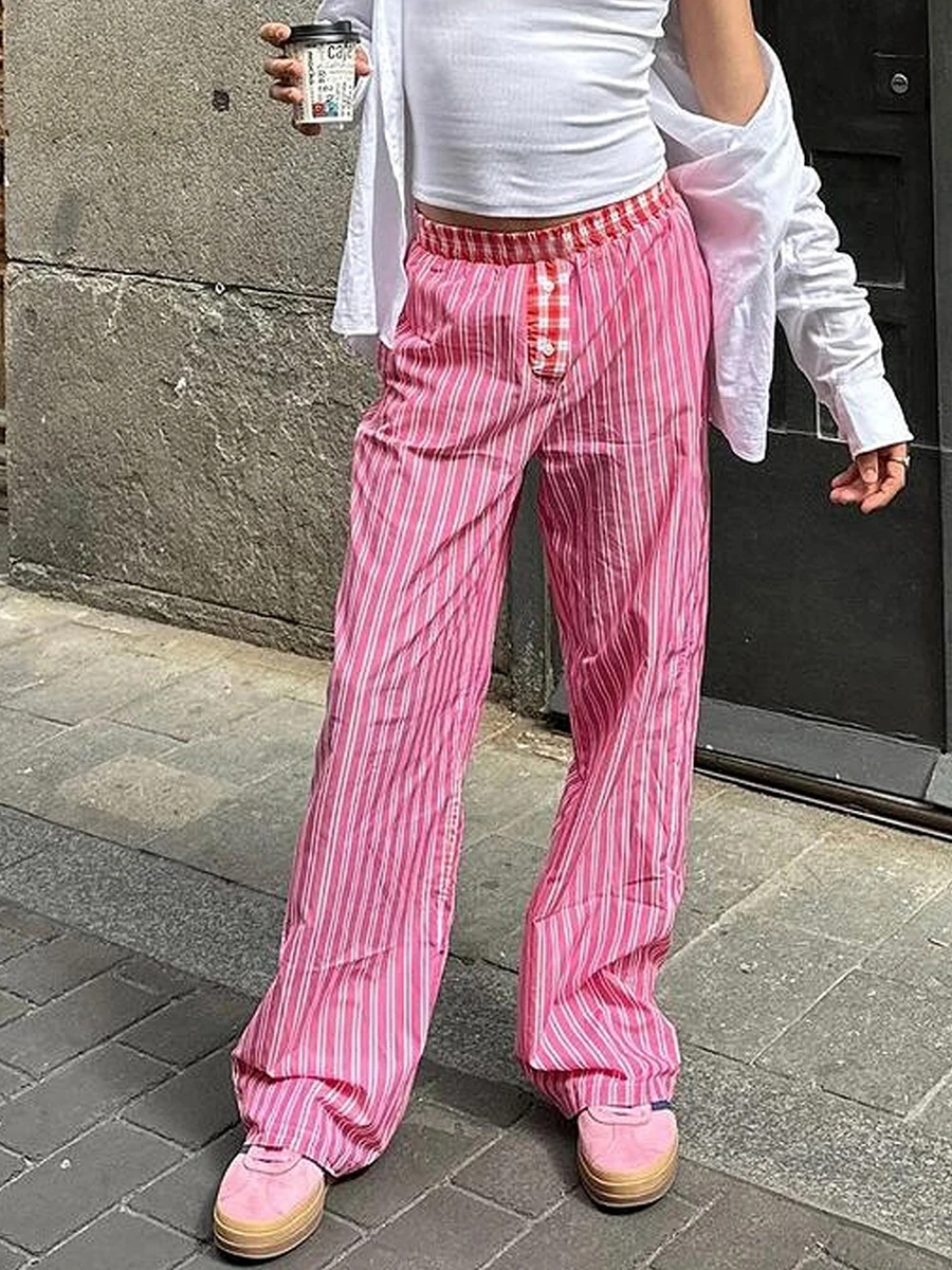 سراويل نسائية كاجوال مخططة ، خصر مرن ، بنطلون فضفاض ، ملابس الشارع Y2K ، بنطلون واسع الساق ، بنطلون صالة ، S