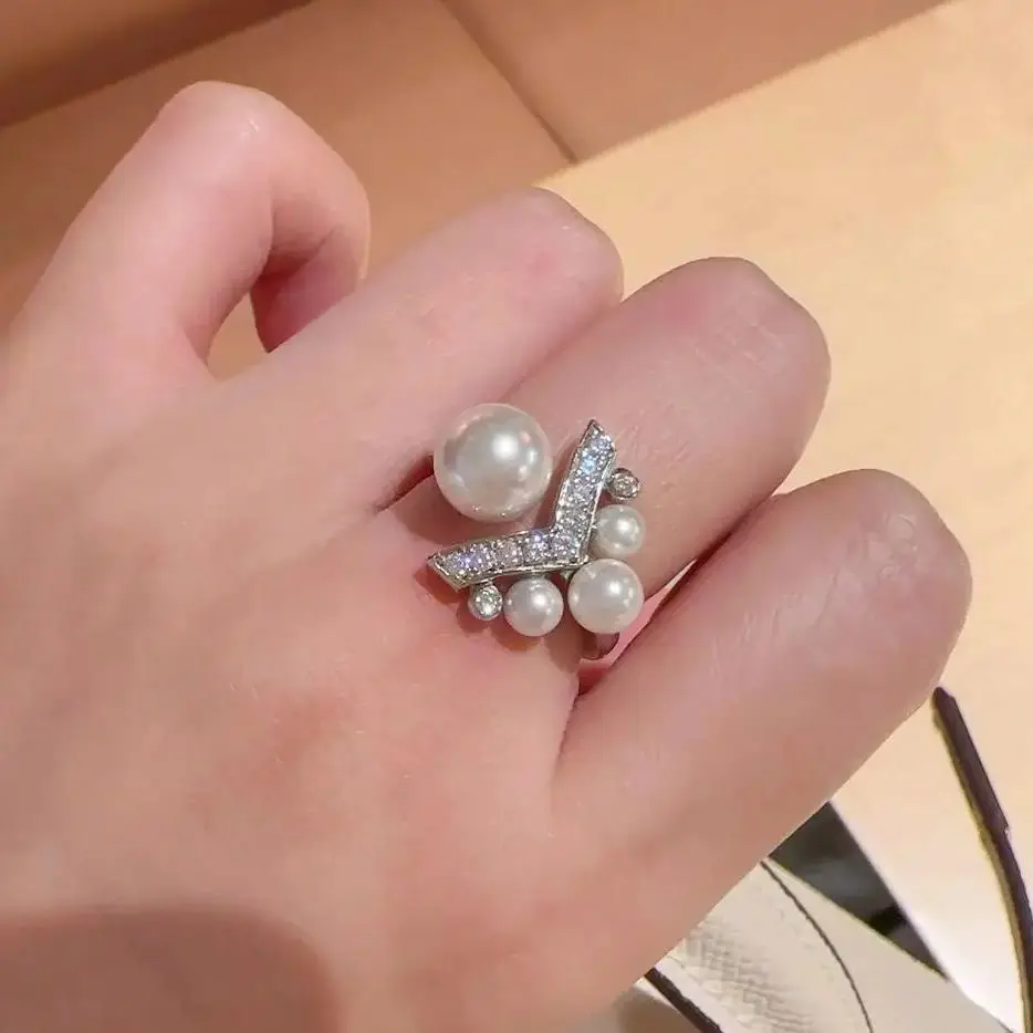 

French Super beautiful Pearl Diamond Ring Fashion Women's Silver High-quality 5A Grade Zircon Sparkling Charming Party Gift