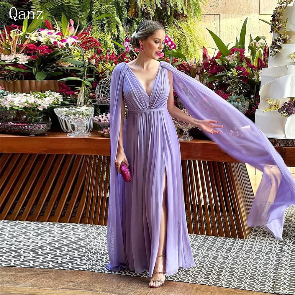 

Qanz V-neck Chiffon Prom Dresses Elegant Evening Dresses For Women Luxury Robes De Soirée With Cape Leg Slit Vestidos De Gala