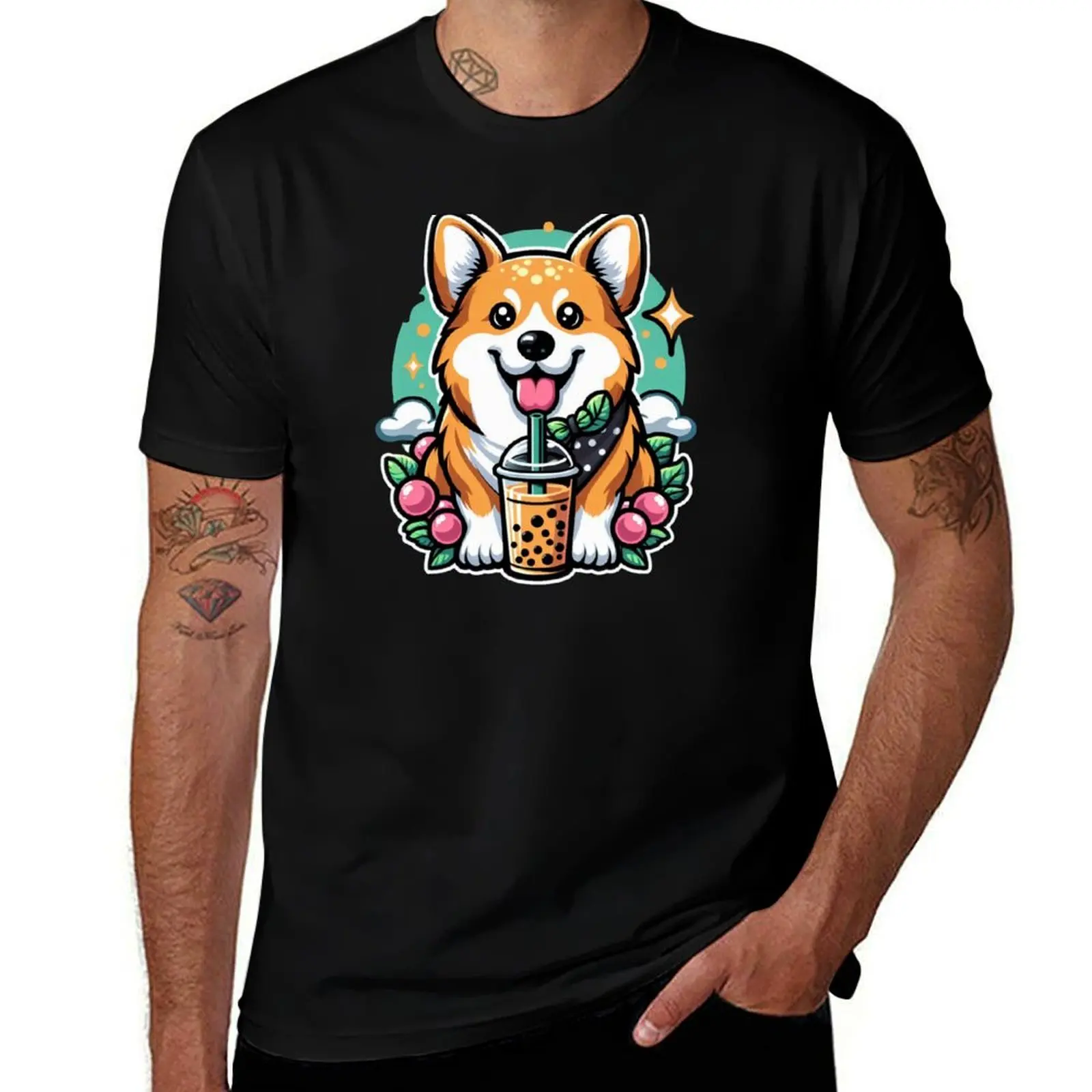 

Corgi Dog With Bubble Tea Boba Tea T-Shirt men t shirt cotton 100% man t shirts for men casual