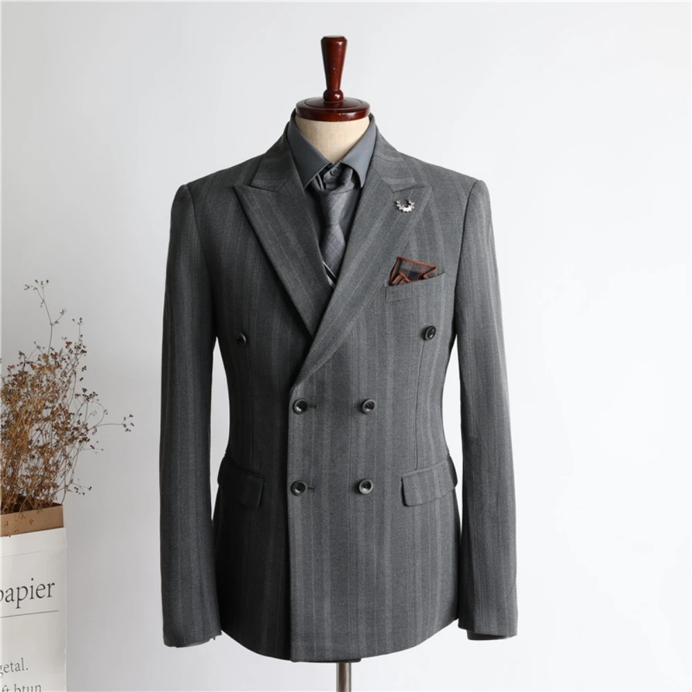 British Handsome Double Breasted Tuxedo For Men Stage Performance Gentlemanly Chic Peak Lapel Men's Blazer Party Prom Wear