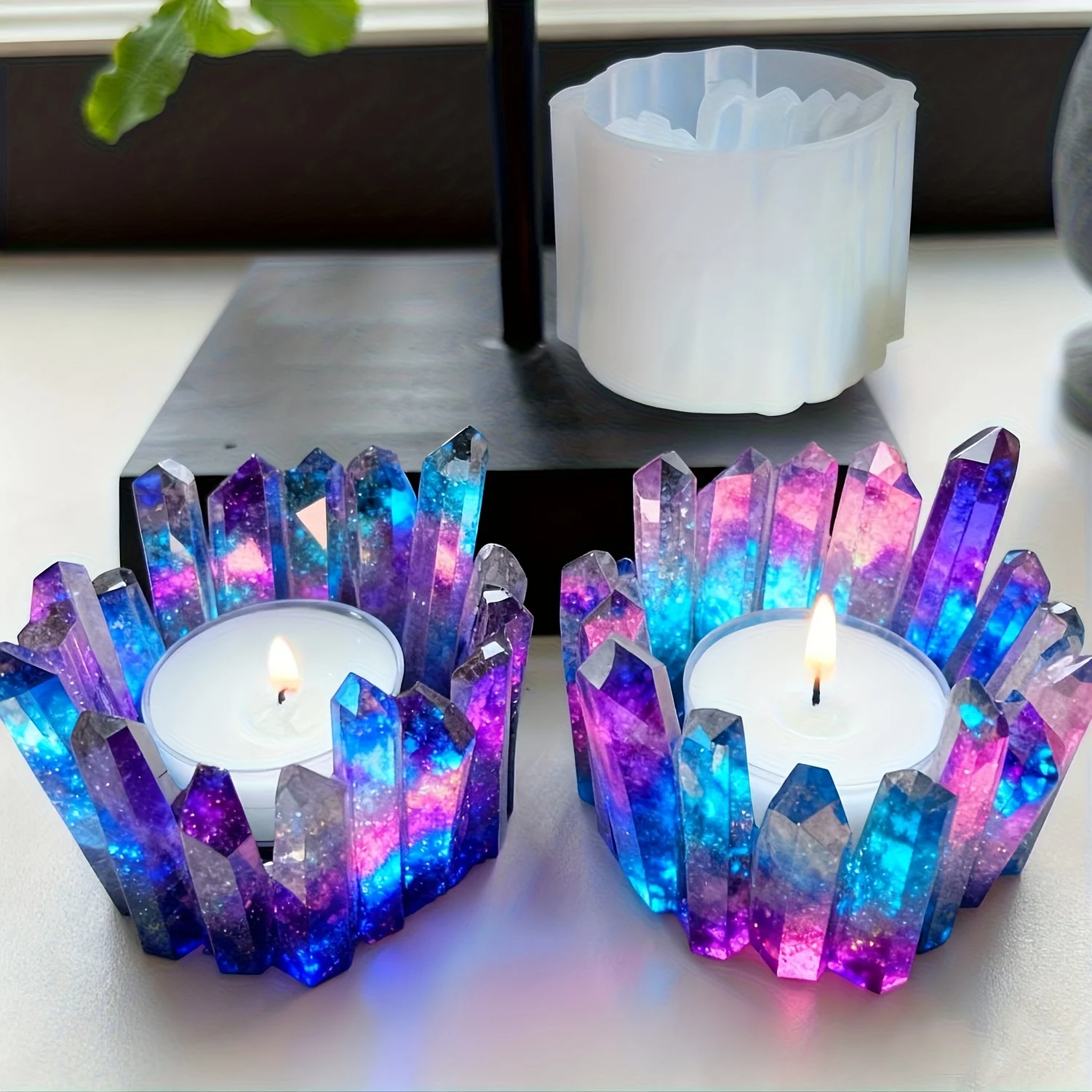 1 crystal cluster tea lamp candle resin mold, DIY crystal candle stand, jewelry storage box, flower pot, candle container