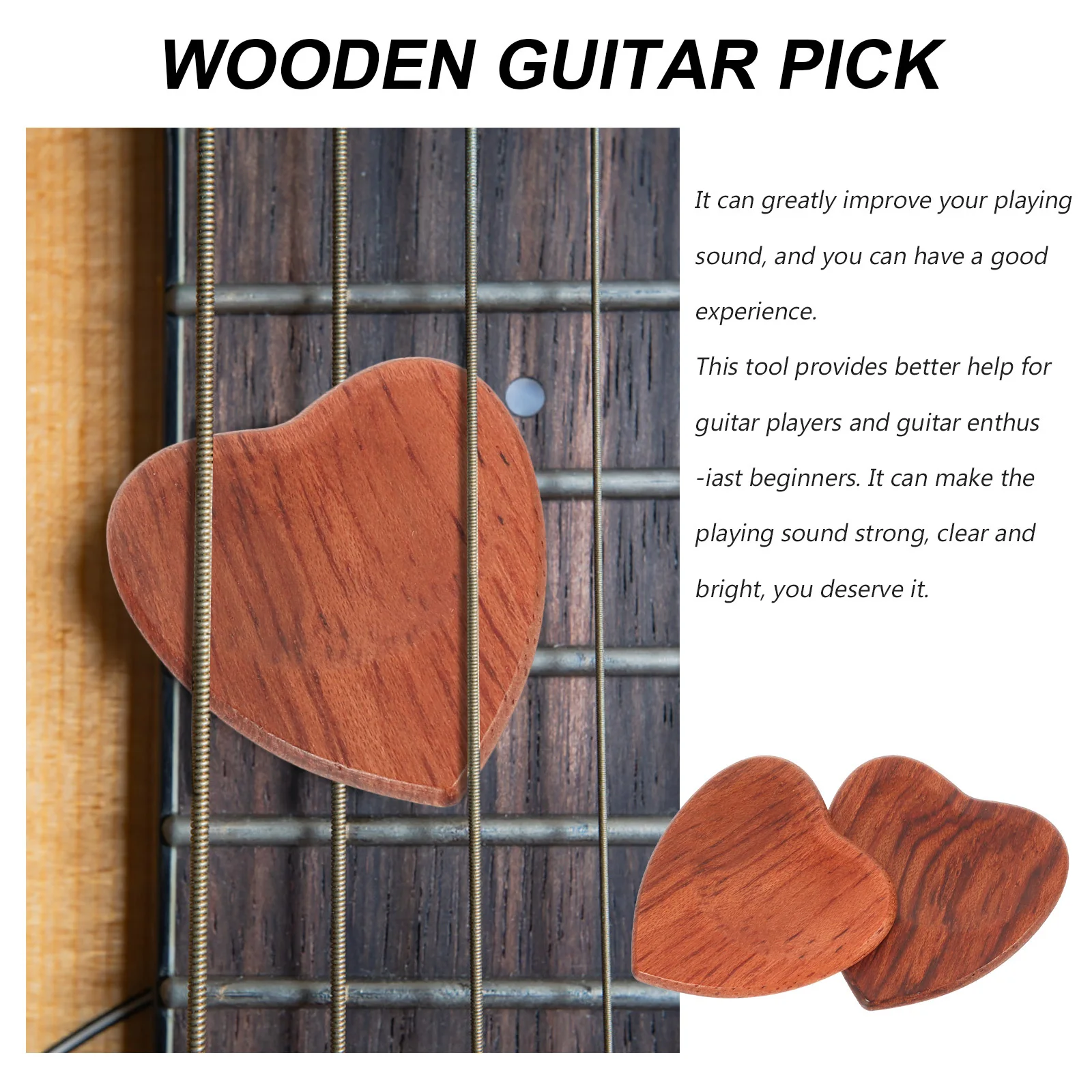 

2pcs Guitar Picks Heart Shape Wooden Plectrums Natural Compact For Clear Sound Lightweight Smooth Comfortable To Play Guitar