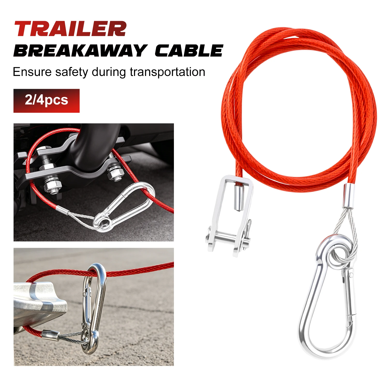 1m 3.3ft Trailer Breakaway Cable with U Clevis Carabiner 800kg Steel Wire Safety Ropes for Caravan Boat RV Towing Accessories