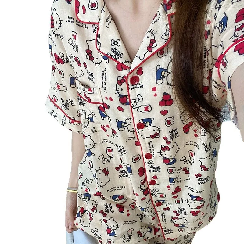 HelloKitty vêtements de nuit femmes été nouveau nuage coton à manches courtes dessin animé japonais mignon étudiant maison costume ensemble