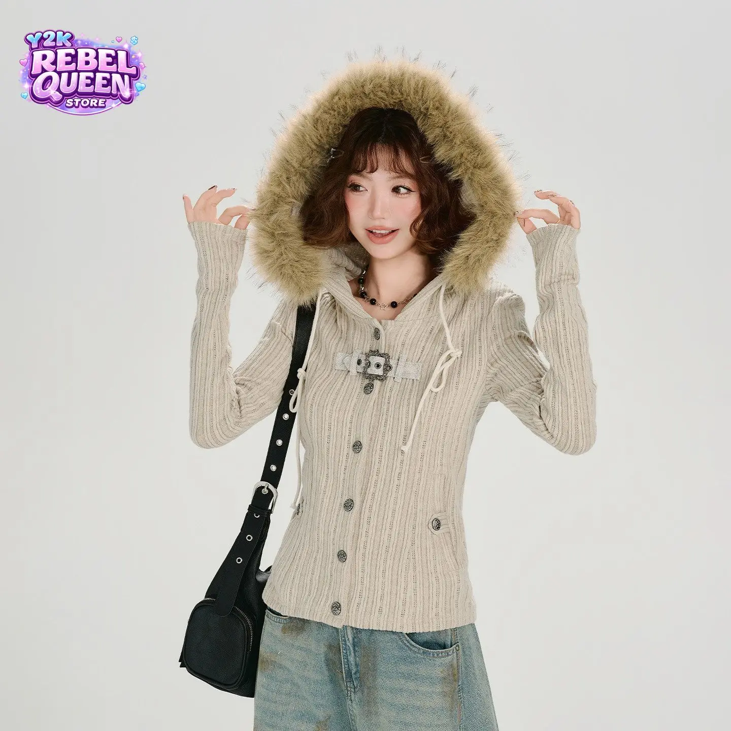 Vintage Y2K Hooded Faux Fur Trim Ribbed Knit Cardigan Women Slim Fit Decorative Button Front Casual Daily Streetwear Outfit 2026