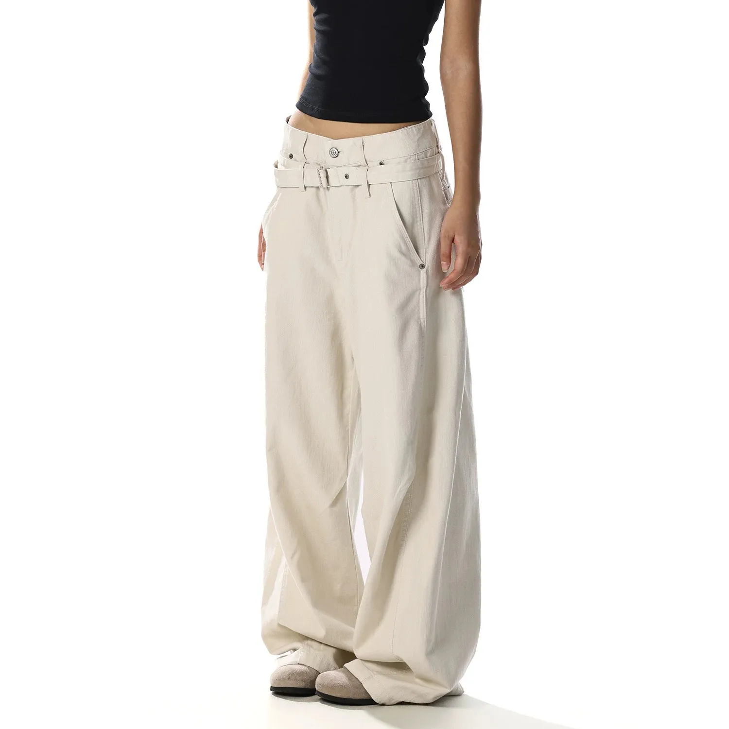Unisex Pants 2026 New Summer Retro Double Waistband Apricot Wide Leg Pants Unisex Loose Slimming Draped Casual Trousers Straight