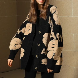 HELIAR Women Buttons Up Cardigan Bear Printed Warm Sweater Coat Loose Casual Outerwears Knitted Sweater for Women Fall Winter