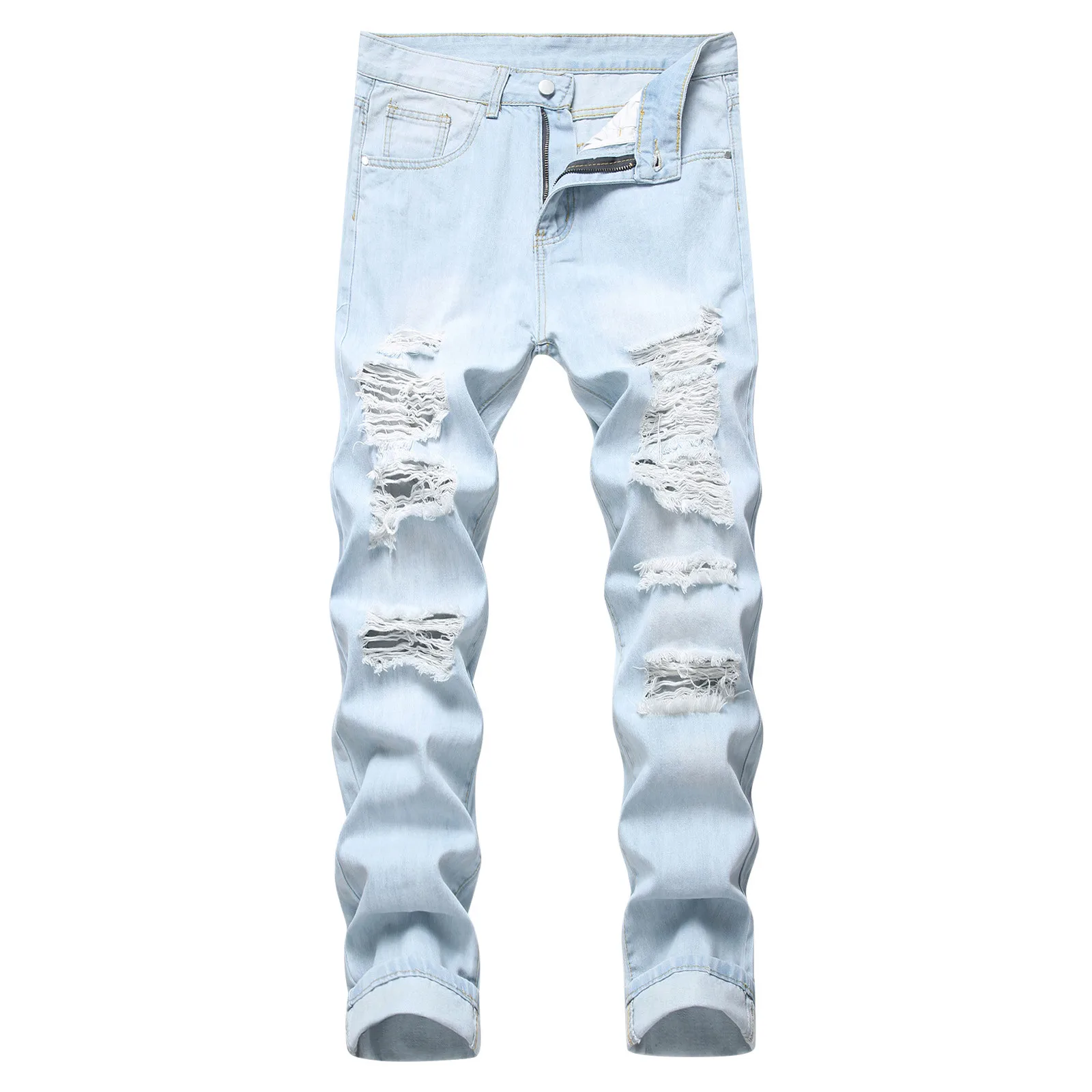 2024 Men'S Fashion Ripped Jeans Blue Straight-Leg Slim Jeans Mid-Waist Classic All-Match Jeans Comfortable Casual Jeans