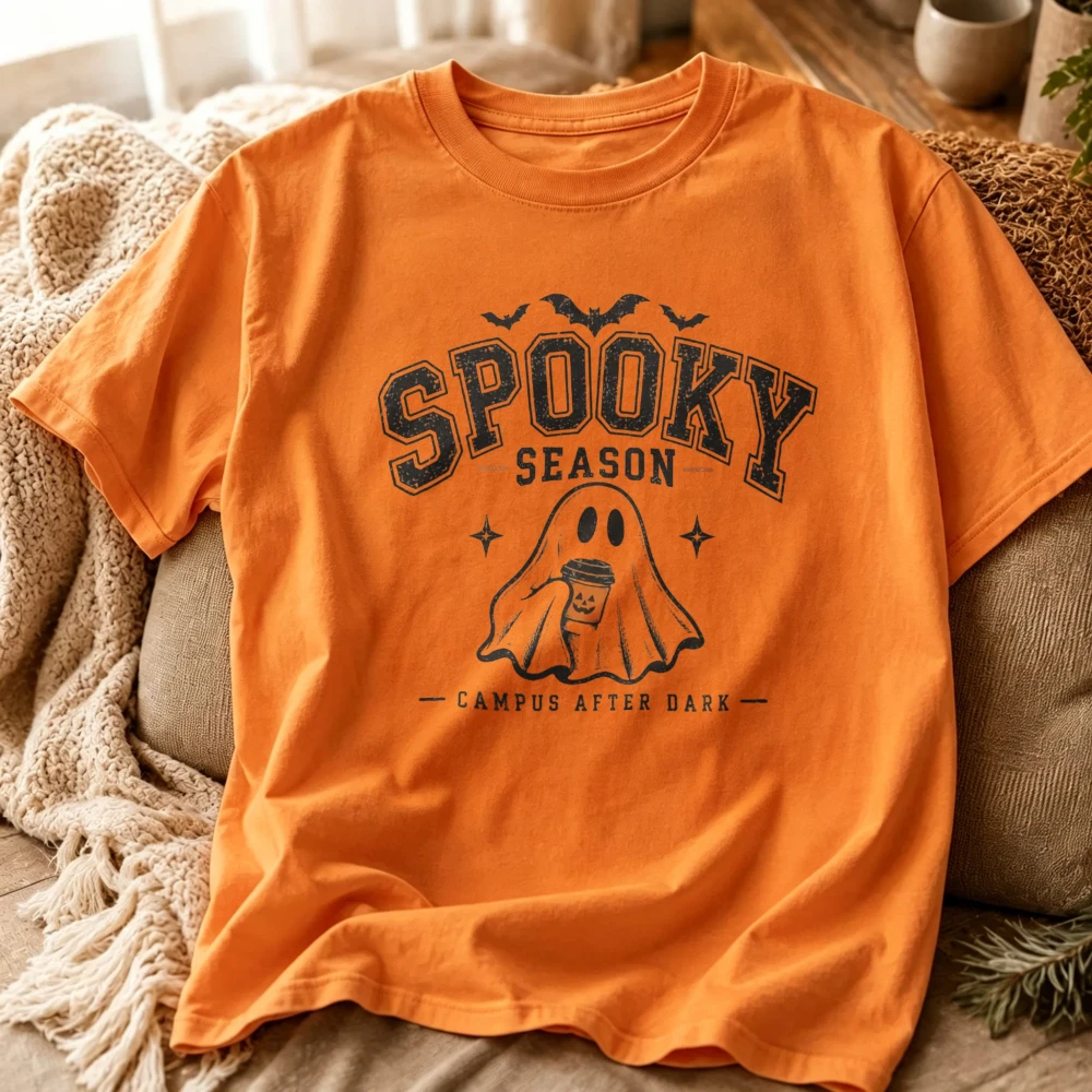 2026 Spooky Season T Shirt Men Orange Short Sleeve Halloween Ghost Coffee Graphic Tee Crew Neck Vintage Campus Casual Cotton Top