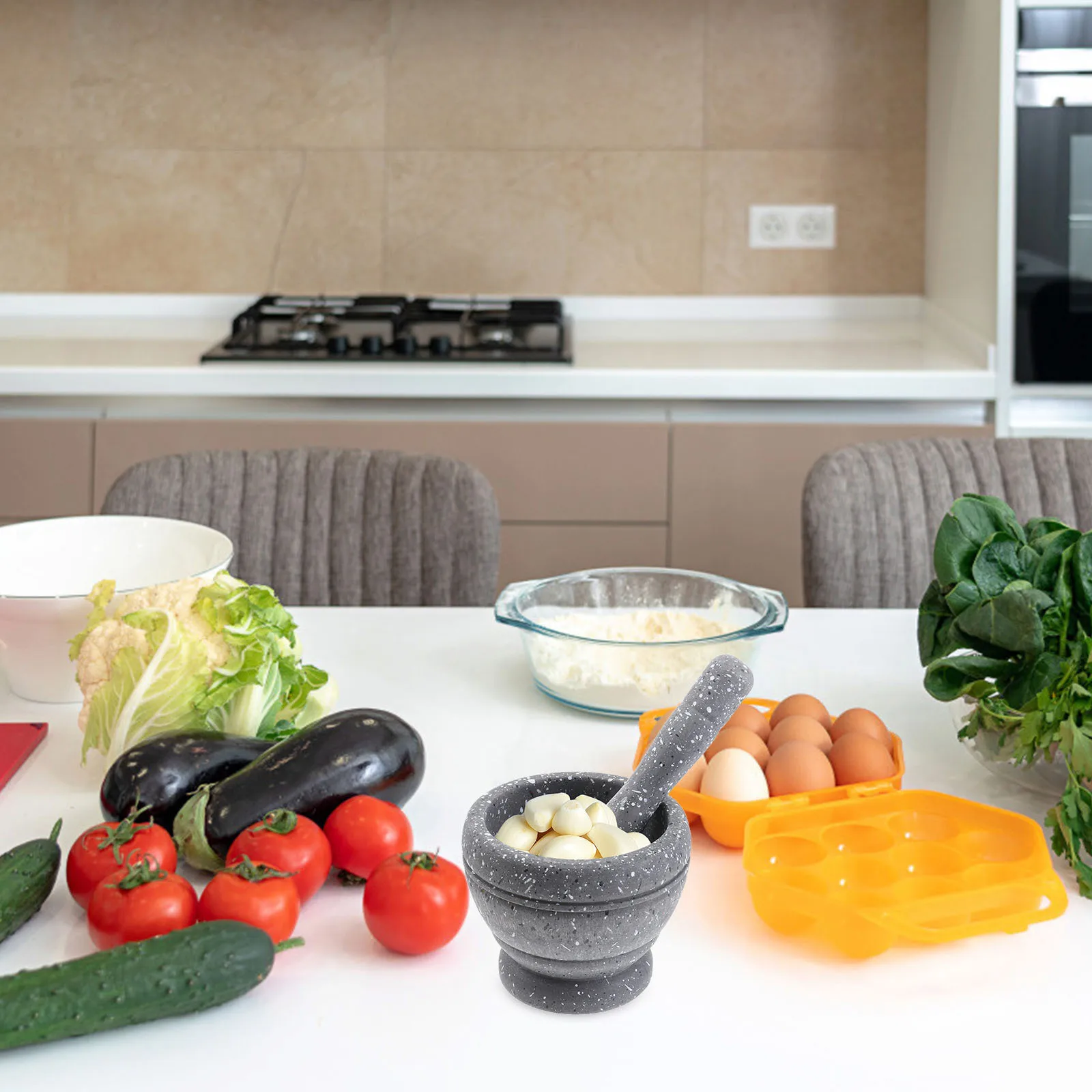 Prensa de ajo, juego de mortero de plástico Pp para moler especias, fácil de limpiar, herramientas de cocina de diseño moderno, liberador de ajos