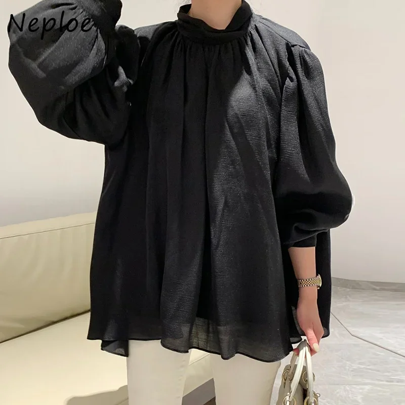 Neploe Spring Blusas Mujer De Moda 2024 Stand Neck Solid Color Lantern Long Sleeve Shirts Pleated Bandage Slim Waist Blouses