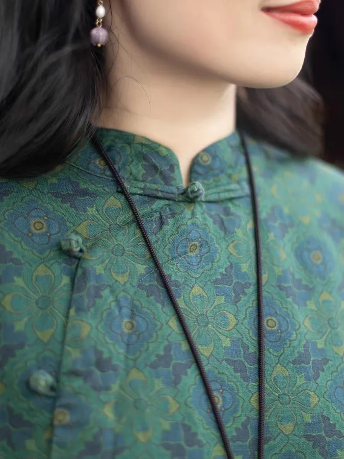 Ciepła, ocieplana bawełną i lnem, drukowana, tradycyjna chińska kurtka zimowa damska z kołnierzem stójką, zapinana na guziki, wygodna, długa...