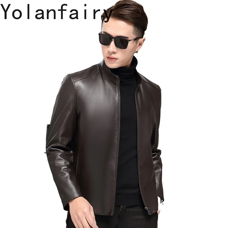 

YOLANFAIRY Brand Genuine Sheepskin Real Leather Jacket Man Spring Autumn Casual Stand Collar Slim-fit Brown Leather Coat Abrigos