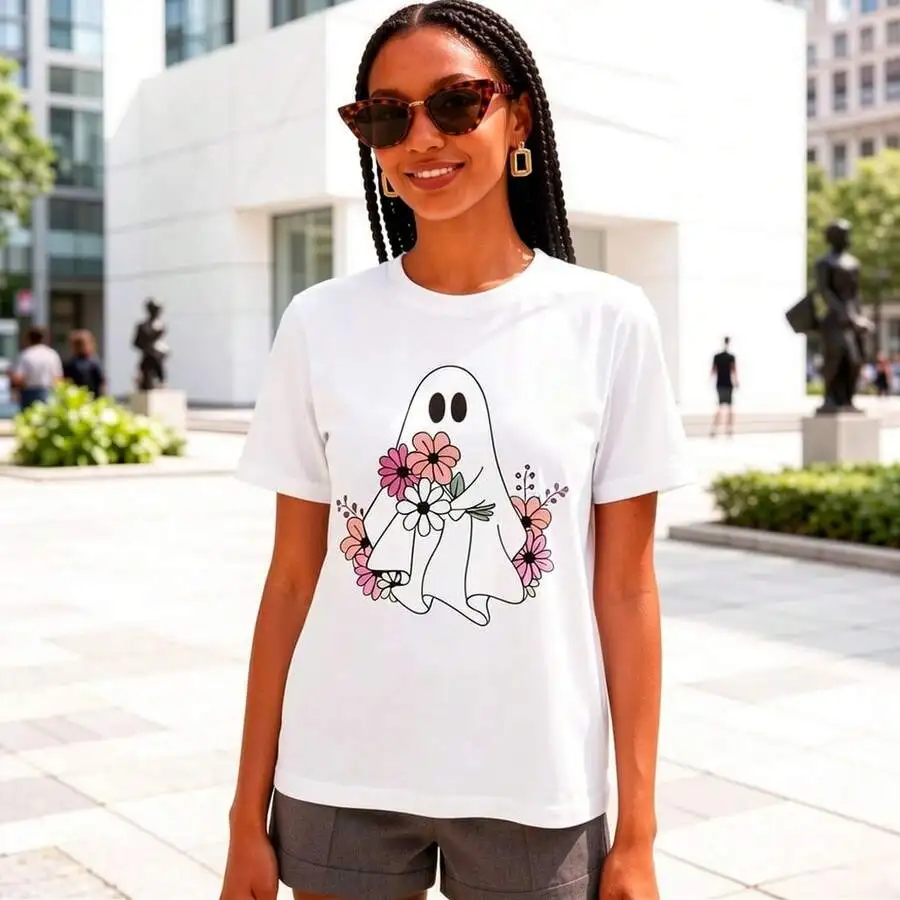 Loose Fit Women Round Neck T‑Shirt, Ghost Holding Bouquet Floral Spooky Graphic Short Sleeve Tee, Halloween Party Gift For Her