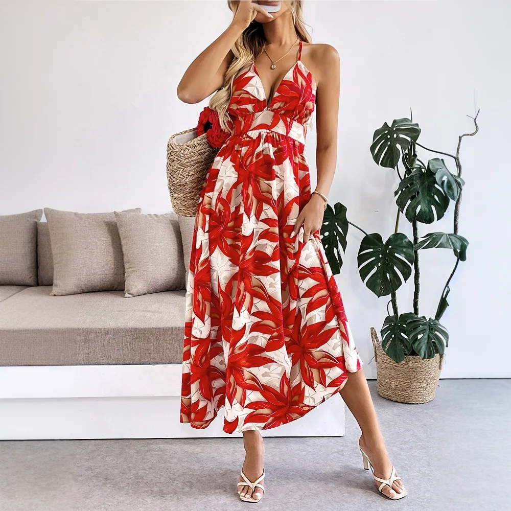 Women Summer New Beach Maple Leaf Print Long Dress Casual Vacation Style